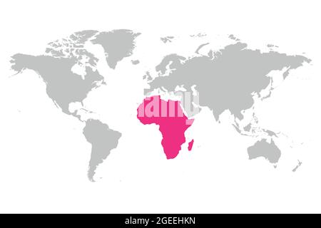 Afrika Kontinent rosa in grauer Silhouette der Weltkarte markiert. Einfache flache Vektordarstellung. Stock Vektor