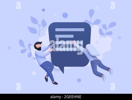 Kleine Leute fliegen um Chat Blase. Sprechende Paare. Online Messenger oder Kontakte signieren Konzept. Vektorgrafik. Stock Vektor