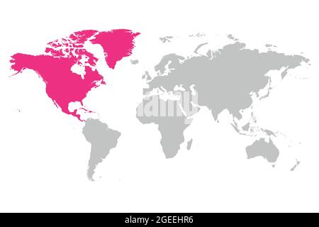 Nordamerika Kontinent rosa in grauer Silhouette der Weltkarte markiert. Einfache flache Vektordarstellung. Stock Vektor