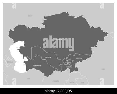 Karte der Region Zentralasien mit hervorgehobenen Regionen wie Kasachstan, Kirgisistan, Tadschikistan, Turkmenistan und Usbekistan. Flache, graue Karte mit weißen Ländergrenzen. Stock Vektor