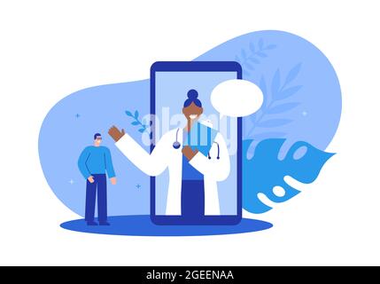 Arzt Telefon App Beratung Illustration Konzept. Sanitäterin auf dem Smartphone-Bildschirm, die einen Videoanruf abruft oder einen Hausbesuch mit einem Patienten auf dem IS macht Stock Vektor