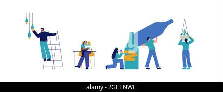 Set von verschiedenen Menschen Recycling von Wohngegenständen und Upcycling. Umweltfreundliche DIY Aktivität Charakter Cartoon Sammlung auf isolierten Hintergrund. Stock Vektor