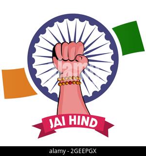 Jai Hind Happy Independence Day Indien. Vektorgrafik mit angehobener Hand. Stock Vektor