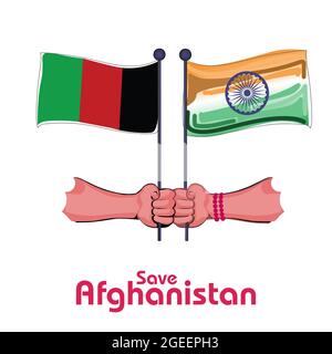 Indien unterstützte die Rettung Afghanistans. Die Flagge Afghanistans und Indiens in der Hand halten. Stock Vektor