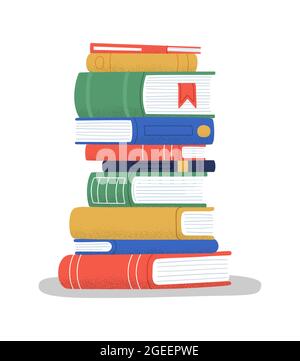 Große Lesebücher stapeln sich auf isoliertem weißem Hintergrund. Bunte flache Cartoon-Stil Illustration für Buchmesse oder Schulbildung Konzept. Stock Vektor