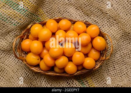Brasilianische Frucht caja im Strohkorb. Stockfoto