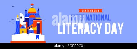 Literacy Day Webbanner Illustration eines offenen Buch-Geschichtenkonzepts mit farbenfroher Stadtlandschaft. Kinder Bildung oder Literatur Festival Design f Stock Vektor