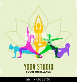 Yoga Studio Illustration von Menschen Übung Gruppe tun Meditation Pose mit bunten Silhouette. Gesundheits- und Geisteskonzept für spirituelles Wohlbefinden. Stock Vektor
