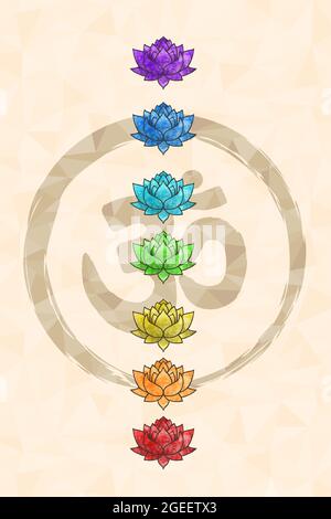 Set von bunten indischen Kultur Lotusblume Symbol für Yoga Lifestyle-Meditation oder spirituelle Konzept mit om-Zeichen. Stock Vektor