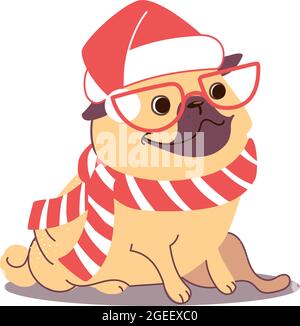 Weihnachtliche Illustration eines Mops, der einen weihnachtsmannhut trägt. Neujahr Hund im Cartoon-Stil isoliert auf weißem Hintergrund. Vektor Stock Vektor