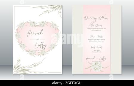 Luxuriöse Hochzeit Einladungskarte Vorlage mit herzförmigen Blumenkranz. Vektorgrafik.EPS10 Stock Vektor