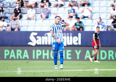 Malaga, Spanien. August 2021. Brandon Thomas von Malaga CF beim Fußballspiel La Liga Smartbank 2021/2022 zwischen Malaga CF und CD Mirandes im La Rosaleda Stadium in Malaga gesehen.(Final Score; Malaga CF 0:0 CD Mirandes) Credit: SOPA Images Limited/Alamy Live News Stockfoto