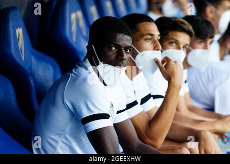 Malaga, Spanien. August 2021. Moussa Diarra gesehen während der La Liga Smartbank 2021/2022 Fußballspiel zwischen Malaga CF und CD Mirandes im La Rosaleda Stadium in Malaga.(Final Score; Malaga CF 0:0 CD Mirandes) Credit: SOPA Images Limited/Alamy Live News Stockfoto