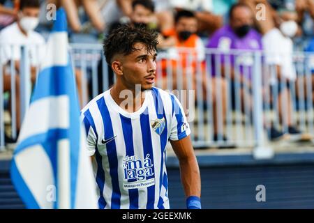 Malaga, Spanien. August 2021. Kevin Villodres von Malaga CF beim Fußballspiel La Liga Smartbank 2021/2022 zwischen Malaga CF und CD Mirandes im La Rosaleda Stadium in Malaga gesehen.(Final Score; Malaga CF 0:0 CD Mirandes) Credit: SOPA Images Limited/Alamy Live News Stockfoto