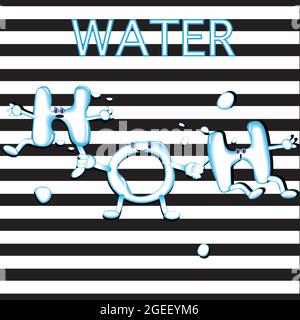 Wasser chemische Formel, zwei Hydrogene, und ein Sauerstoff, lustige Chemie, Struktur des Wassermoleküls, Aqua Stock Vektor