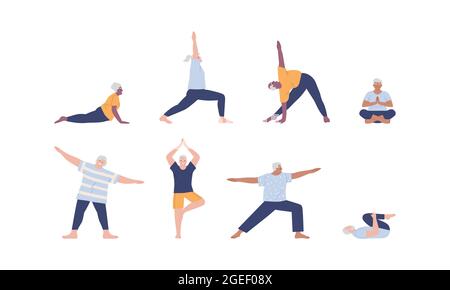 Eine Gruppe von verschiedenen alten Menschen, die verschiedene Yoga-Übungen machen. Ältere Großeltern Charaktersammlung auf isoliertem Hintergrund. Fitness-Center für Senioren, aktiv Stock Vektor