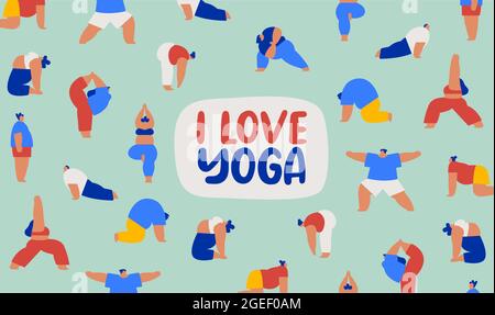 Ich liebe die Yoga-Illustration für einen gesunden Lebensstil oder ein Konzept für Freizeitaktivitäten. Diverse junge Leute Gruppe tun Übung Posen, lustige Fitness Menge backg Stock Vektor