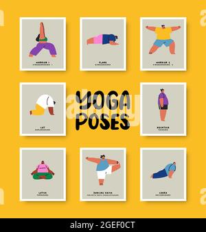 Set von verschiedenen Yoga Pose Liste mit Namen und lustigen jungen Menschen Cartoon. Verschiedene Charaktere tun gesunde Fitness-Übung. Enthält Krieger, Katze, l Stock Vektor
