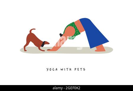 Junge Frau macht Yoga Pose zu Hause mit lustigen Hund Haustier Freund. Moderne flache Cartoon-Stil Illustration Konzept auf isolierten Hintergrund. Stock Vektor