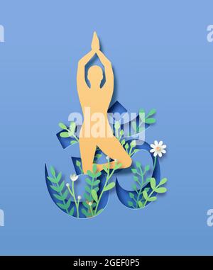 Papercut om Zeichen Form mit realistischen 3d-Pflanzen und Papier Handwerk Frau tun Baum Yoga Pose. Traditionelles indisches Kulturkonzept für natürliche Fitness lif Stock Vektor