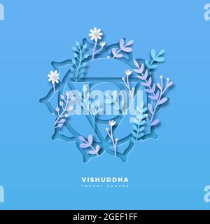 Papercut Kehle Chakra Zeichen Form Illustration mit realistischen 3d-Pflanzen und Papier Handwerk Natur Blatt Dekoration. Yoga-Symbol des traditionellen vishuddha b Stock Vektor