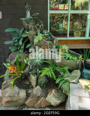 Dekoratives Gartenwasser, Wasserfall mit Wasser, das über alte Holzfässer auf einem Steingarten mit Farnen und Bromelien in Australien rieselt Stockfoto