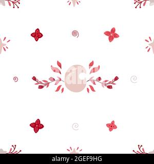 Zartes, nahtloses Baby-Muster mit Halbmond, Laub, Sakura und Sternen auf weißem Hintergrund. Zarte mystische Textur mit natürlichen Kränzen. Vect Stock Vektor