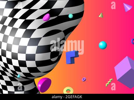 Abstrakter Hintergrund mit fliegenden bunten geometrischen 3D-Formen über einem lebendigen Hintergrund mit verlaufendem Hintergrund. Abstraktion mit karierter Form im 90er-Stil. Stock Vektor
