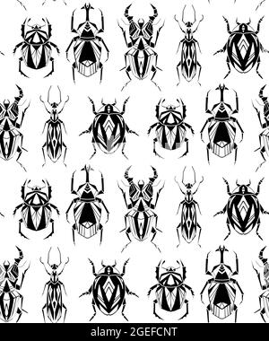 Nahtloses monochromes Muster mit geometrischen Insekten in Reihe auf weißem Hintergrund. Vektor-Textur mit schwarzem geometrischen Hirschkäfer, fliegende Ameise, Marienkäfer. Stock Vektor