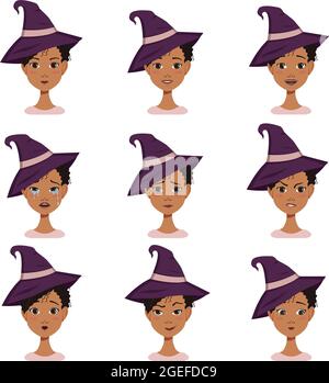 Mimik eines afroamerikanischen Avatars mit schwarzem lockigen Haar in einem spitzen Hexenhut. Unterschiedliche Emotionen. Attraktive Zeichentrickfigur für Halloween Herbsturlaub im Kostüm Stock Vektor