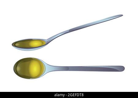 Gelbes Olivenöl in Löffeln im Cartoon-Stil. Stock Vektor