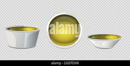 Gelbes Olivenöl in Schüssel im Cartoon-Stil. Stock Vektor