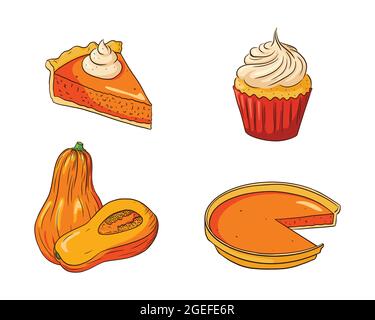 Thanksgiving Food Set. Frische reife Kürbisse und Kürbiskuchen. Sammlung von Herbst Urlaub Kürbis Geschirr für Aufkleber, Drucke, Einladung, Menü und Grußkarten Design und Dekoration. Premium Vector Stock Vektor