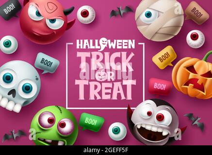 Trick or Treat halloween Vektor-Hintergrund-Design. Halloween Trick or Treat Text in rosa Raum mit niedlichen, gruseligen und gruseligen Maskottchen-Zeichen Stock Vektor