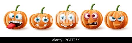 Halloween Kürbisse Vektor-Set. Halloween Kürbis Charakter in lustig, glücklich und beängstigend Gesichtsausdruck für Element Sammlung in weiß isoliert Stock Vektor