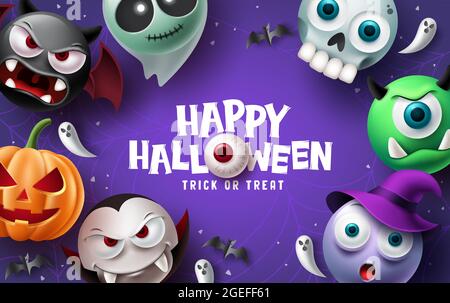 Happy halloween Text Vektor Hintergrund Design. Halloween und Trick or Treat Typografie mit gruseligen, gruseligen, gruseligen und niedlichen Maskottchen-Figuren. Vektor Stock Vektor