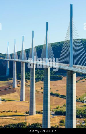 FRANKREICH . AVEYRON (12), MILLAU, DAS AUTOBAHNVIADUKT A75 ÜBER DEM TARN, ZWISCHEN DEM CAUSSES DE SAUVETERRE UND DEM LARZAC, ENTWORFEN VOM ARCHITEKTEN LORD N Stockfoto