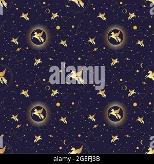 Nahtloses Muster von geflügelten Einhörnern, die zwischen den Sternen und Planeten fliegen. Silhouette eines fliegenden Einhorns auf einem dunklen Sternenhimmel. Vektorgrafik. Stock Vektor