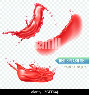 Satz von roten transparenten Flüssigkeitsspritzern. Hibiskus-Tee, Erdbeermarmelade, tomatenguice, Traubensaft. Vektor realistisches Design-Element. Stock Vektor