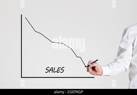 Geschäftsmann zeichnet ein abnehmendes Liniendiagramm mit dem Wort Umsatz. Verringerung des Verkaufskonzepts. Stockfoto