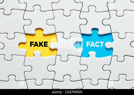 Fehlende Puzzleteile mit den Worten Fake versus Fact. Fakten gegen das Konzept der gefälschten Informationen entdecken oder offenlegen. Stockfoto