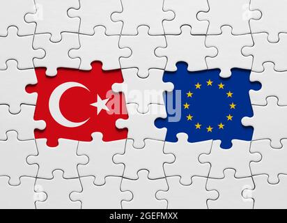 Puzzle mit den Nationalflaggen der Türkei und der Europäischen Union. Internationales Konflikt- oder Partnerschaftskonzept. Stockfoto