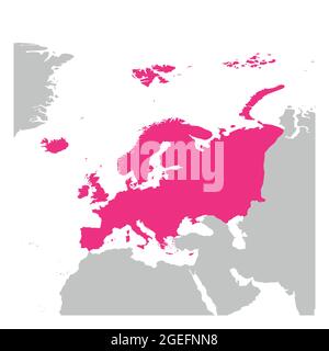 Europa Kontinent rosa in grauer Silhouette der Weltkarte markiert. Einfache flache Vektordarstellung. Stock Vektor