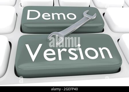 3D-Abbildung eines Schlüssels auf der Computertastatur mit dem Skript Demo Version Stockfoto