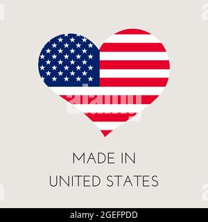 Vereinigte Staaten von Amerika herzförmiges Label mit amerikanischer Flagge. Made in USA Aufkleber. Fabrik-, Fertigungs- und Produktionslandkonzept. Vektor sto Stock Vektor
