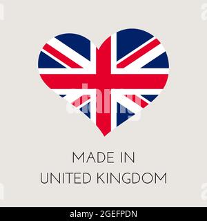 Vereinigtes Königreich Großbritannien herzförmiges Label mit britischer Flagge. Made in UK Aufkleber. Fabrik-, Fertigungs- und Produktionslandkonzept. Vecto Stock Vektor