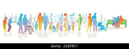 Fußgängergruppe Und Familien Auf Dem Bürgersteig Illustration Stock Vektor