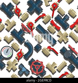 Rohrverschraubungen, Gewindebohrer, Biegungen und Fittings. Ersatzteile für Pipelines, Kanalisation, Gasleitungen und jegliche Flüssigkeitszufuhr. Isoliert auf weißem Hintergrund. Illustre Stock Vektor