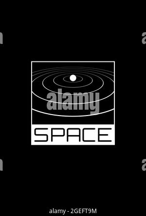 Raum-T-Shirt und Bekleidungsdesign mit der Raum-Ästhetik der 1980er Jahre. Retrofuturistische Perspektive des Sternensystems mit Umlaufbahnen. Schwarz-Weiß-Druck Stock Vektor