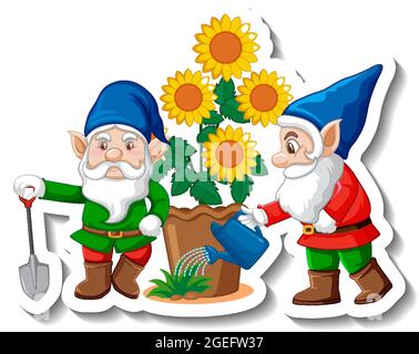 Eine Stickervorlage mit Gartenzwerg oder Zwerg-Cartoon-Figuren-Illustration Stock Vektor